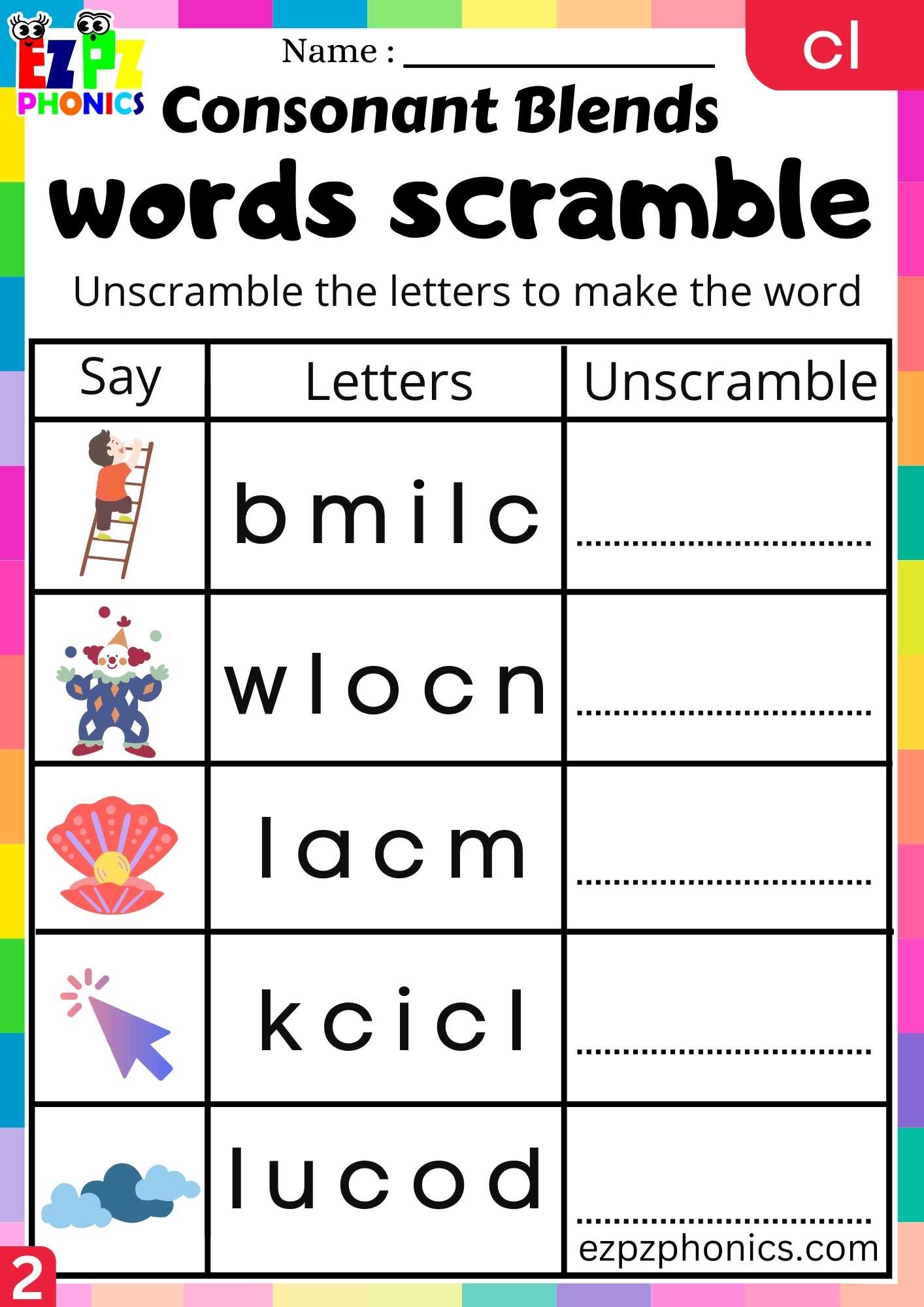 Group2 CL Words Words Scramble Phonics Consonant Blends Worksheet
